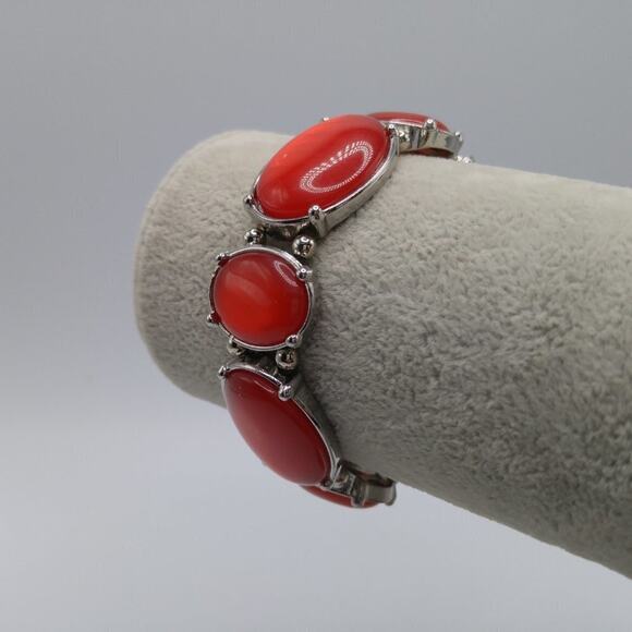 Red Lucite Cabochon Stretch Bracelet, Silver Tone, 7 Inches - Picture 3 of 9
